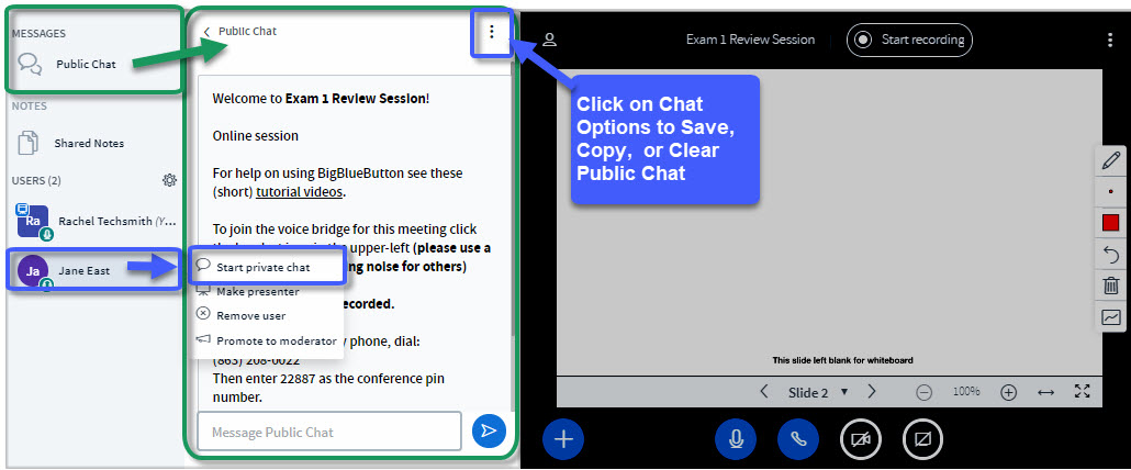 Alt=Messages, Users, and Public Chat areas. In Users area, Jane has been selected, so instructor could start a private chat. The Chat Options are three dots at top of Public Chat.