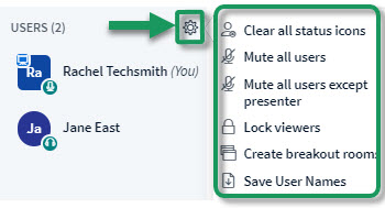 Alt=At the top right of the User area, a wheel is highlighted, and all Settings are displayed
