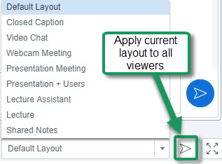 Alt=Dropdown box of Default Layout, Closed caption, Video Chat, Webcam Meeting, Presentation Meeting, Lecture Assistant and Lecture