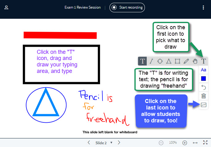 Alt=Whiteboard with the word "Pencil" written on it, plus a drawn square, circle, triangle, underline, and typed text, all added with whiteboard icons