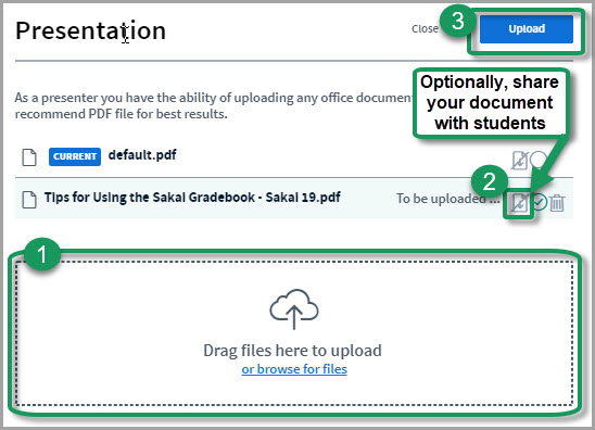 Alt=At the bottom of the Presentation dialog box, the dotted file upload box is circled. Above it, across from a file name, an arrow points to the "Enable download of presentation" button. At top right, the Upload button is circled