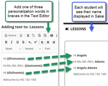 In Lessons Editor, display personalization keywords and how displayed in Lessons to the student